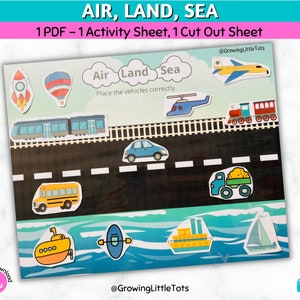 Air Land Sea Activity, Transportation Sorting Game, Preschool Printables, Toddler Activity Printable, Homeschool Activity, Busy Book