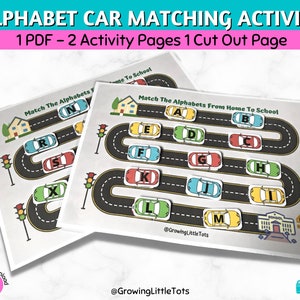 Actividad de emparejamiento de coches con el alfabeto / Libro de actividades para niños pequeños / Libro de actividades para preescolar / Actividad de transporte / Carpeta de aprendizaje