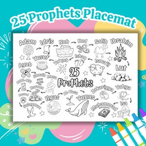 May include: A white placemat with the text "25 Prophets Placemat" at the top. The placemat features illustrations and names of 25 prophets, including Adam, Idris, and Nuh. The design is in black and white, suitable for coloring.