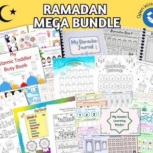 May include: A collection of printable Islamic educational resources for children, including activity books, coloring pages, and a Ramadan journal. The resources feature colorful illustrations of Islamic symbols and characters, such as mosques, crescents, and lanterns.