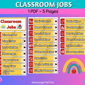 Pode incluir: Gráfico de trabalhos de sala de aula com um design de arco-íris e maçã. O gráfico inclui uma lista de trabalhos para os alunos, como líder de fila, porteiro e entregador de papel. O gráfico é projetado para ser impresso e usado em uma sala de aula.