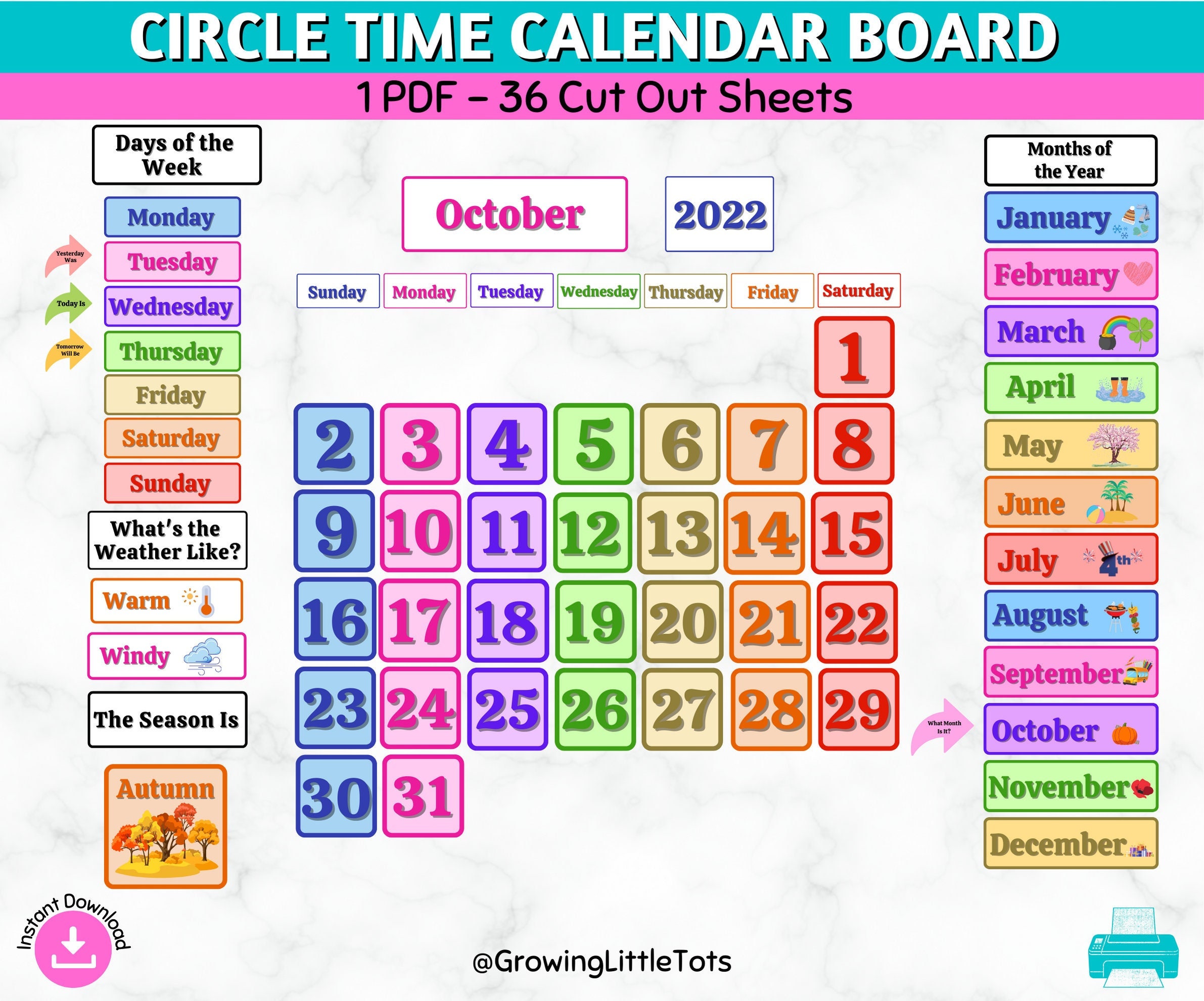 Circle Time Calendar Board Printable, Months of the Year, Days of the ...