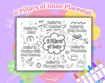 6 Pillars of Iman Placemat | Islamic Kids Printable | A4 Coloring Mat | Muslim Homeschool | Ramadan Printable | Islamic Activity for Kids