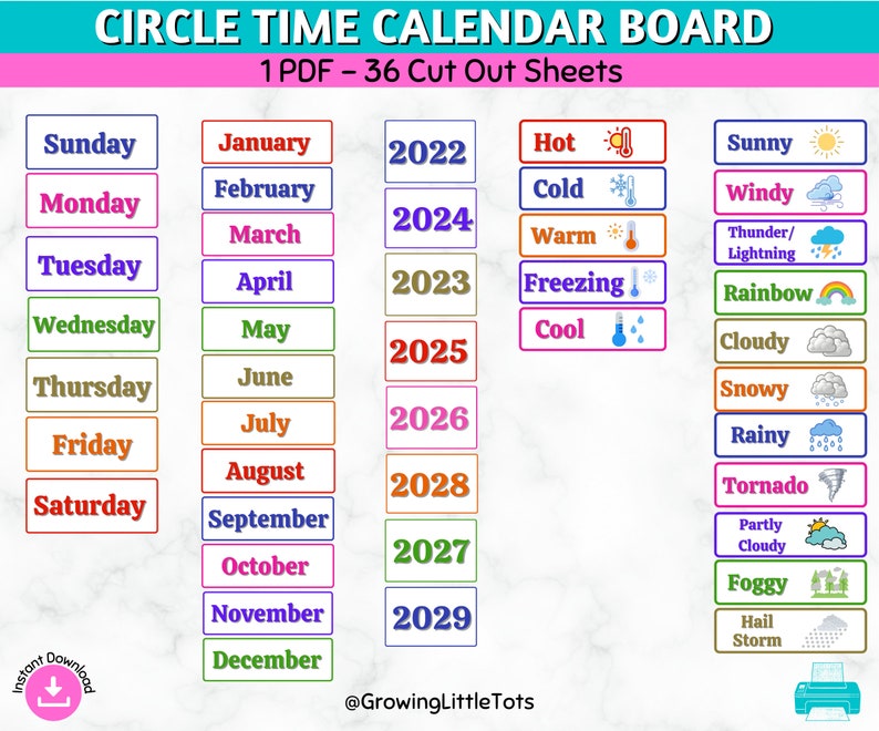 Circle Time Calendar Board Printable, Months of the Year, Days of the ...