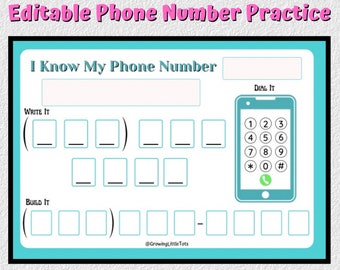 May include: A printable worksheet for kids to practice writing and dialing phone numbers. The worksheet features a blue phone with a green call button and a white background with pink text. The text says "I Know My Phone Number", "Write It", "Build It", and "Dial It".