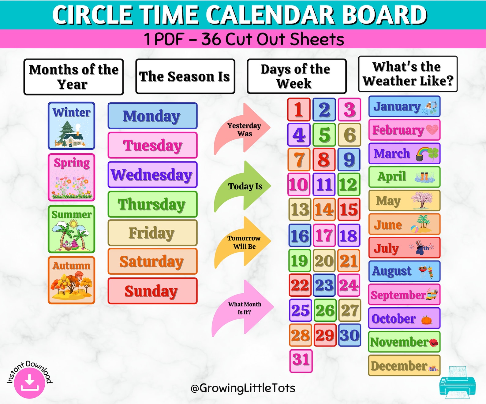 Circle Time Calendar Board Printable, Months of the Year, Days of the ...
