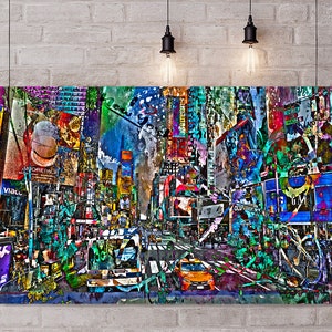 May include: A colorful abstract painting of a city street scene with buildings, cars, and people. The painting is made up of many different colors and textures, creating a chaotic and vibrant effect.