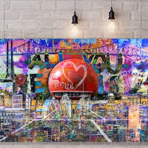 May include: A colorful abstract collage featuring the words "All You Need Is Love" with a red sphere with a heart drawn on it and the word "Montreal" written on it. The collage also includes a Ferris wheel, a bridge, and other cityscapes.