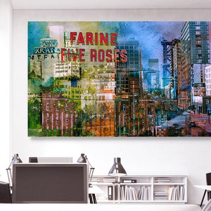 May include: A colorful abstract cityscape painting with the text "Farine Five Roses" in red letters. The painting is made up of different textures and colors, creating a unique and modern look.