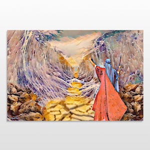 Moses splitting the sea, Exodus , Judaica Art on plexiglass and Canvas, Unique original art comes Ready to hang.