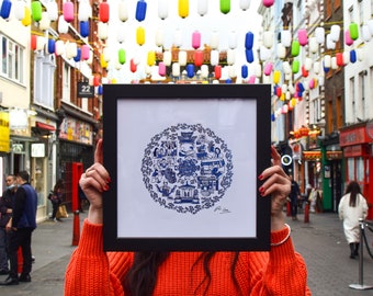 Unique Art Print, Heart of London Chinatown 30x30cm