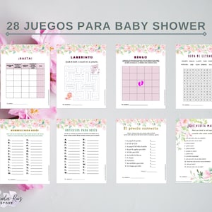 Pode incluir: Um conjunto de 28 jogos imprimíveis para chá de bebê com designs florais. Os jogos incluem:  "¡Basta!", "Laberinto", "Bingo", "Sopa de Letras", "Nombres para bebes", "Articulos para bebes", "El precio correcto", e "¿Que vestia mama?"