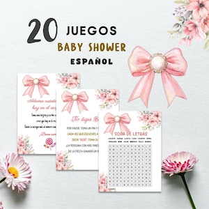 Pode incluir: Um conjunto de jogos de chá de bebé em espanhol, com cartões com laços cor-de-rosa e detalhes florais. O conjunto inclui uma sopa de letras, instruções do jogo e um grande laço cor-de-rosa. O texto diz "20 Jogos Baby Shower Español."
