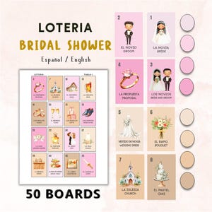 May include: Loteria Bridal Shower game set with 50 boards. The game cards feature illustrations of wedding-related items such as a bride, groom, wedding dress, cake, and rings. The game is in Spanish and English.