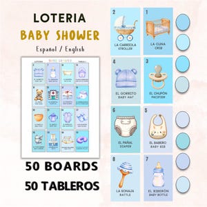 May include: A baby shower loteria game set with 50 boards. The game cards feature illustrations of baby-related items like a crib, stroller, pacifier, and baby bottle. The text on the game cards is in both Spanish and English.