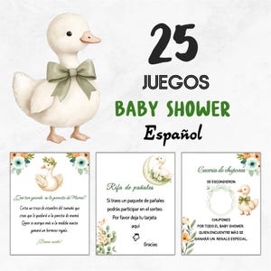 Spanish green Goose Baby Shower Games: 25 Printable Activities (JPG Digital Download) Pato / Ganso