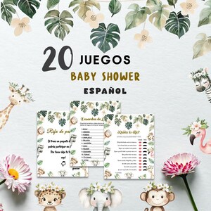 May include: A baby shower game set in Spanish, featuring the text "20 Juegos Baby Shower Español." The design includes illustrations of animals, floral elements, and game cards with text. The color palette is soft, with greens, pinks, and browns.