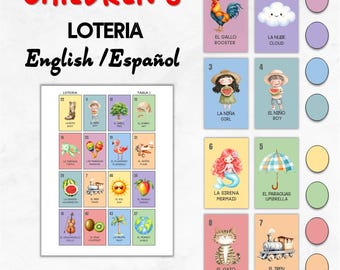 Może przedstawiać: Dwujęzyczny zestaw do gry Loteria w języku angielskim i hiszpańskim dla dzieci, zawierający 50 plansz i pojedyncze karty. Gra zawiera kolorowe ilustracje przedmiotów, takich jak kogut, chmura, dziewczynka, chłopiec, syrena, parasol, kot i pociąg.