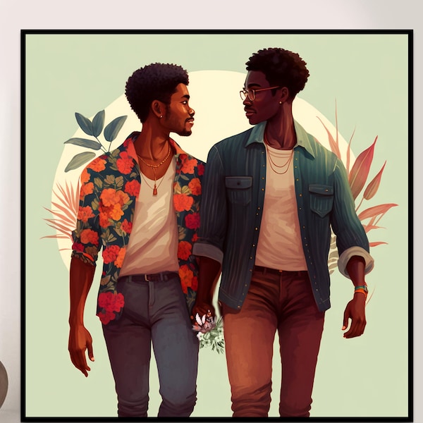 Gay Black Couple art INSTANT DOWNLOAD Gay black men art Black love art LGBT art print Valentines Day Printable art gifts Men Holding hands