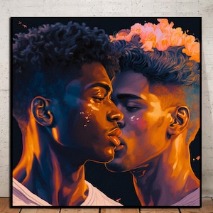 Art de couple gay interracial Imprimable Saint-Valentin Carte de vœux gay Art noir Queer Cadeau de couple gay Cadeau d’anniversaire pour lui Carte d’anniversaire gay