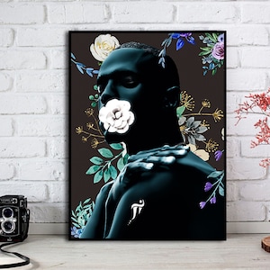 Black man wall art, African American wall art, Black man art flowers, Black art prints, Black man poster, modern art prints, canvas decor