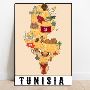 Carte de la Tunisie, impression illustrée, carte imprimable de la Tunisie, cadeaux tunisiens, décoration d'Afrique, impressions murales de carte, carte personnalisée cadeau, téléchargement numérique