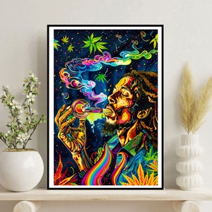 Impression Bob Marley psychédélique 420 cadeaux Poster marijuana Bob Marley fumant de l'herbe 420 cadeaux Stoner Poster Bob Marley One Love Reggae coloré