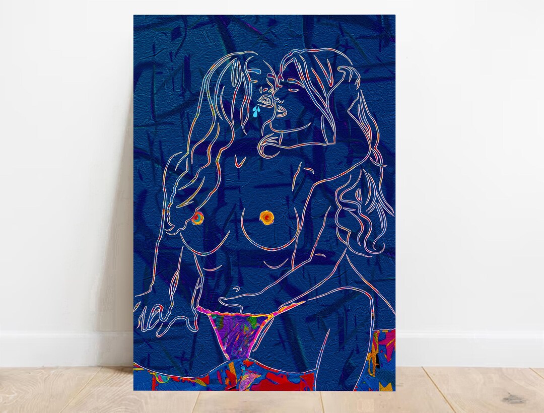 Blue Erotic Lesbian Line Art Lesbian Nude Painting Printable Valentines Gift Sapphic Art Print