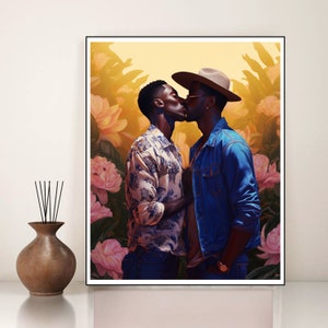 Black men kissing Black Gay Art Printable download Gay Couple Kissing Black Queer Art LGBT art print Colorful pride art Black men flowers
