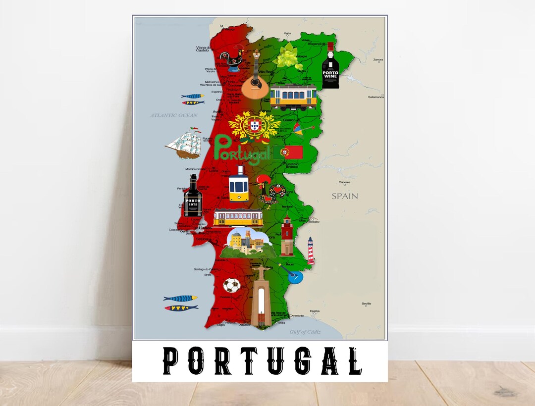Portugal Flag Map Illustrated Map of Portugal Gift Printable Portugal