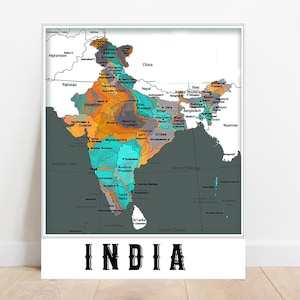 Impression de carte indienne colorée Carte numérique de l'Inde, topographie illustrée, affiche de carte de l'Inde, décoration de carte pour enfants, impression pour chambre d'enfant, cadeaux indiens pour salle de classe