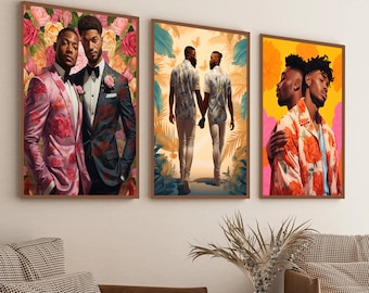 Set of 3 Black Gay Art digital prints Gay wedding gift Black Gay Couple art 3 piece wall art Black Queer Art Gay Floral Poster gay pride art