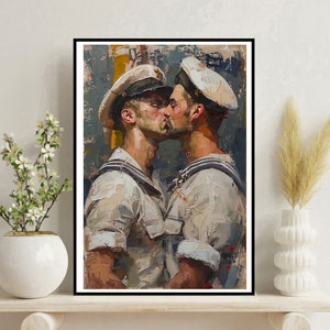 Gay Malerei Leinwanddruck, zwei Männer küssen sich, LGBTQ Schwule Wandkunst, Schwules Paar Poster, Vintage Schwule Malerei, zwei küssende Männer