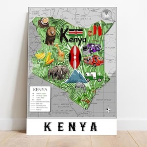 Impressão de mapa do Quênia Mapa do Quênia pôster em tela Mapa da África Oriental Presentes de Nairóbi, Quênia Mapa moderno decoração de parede África Safari arte de parede Decoração da bandeira do Quênia