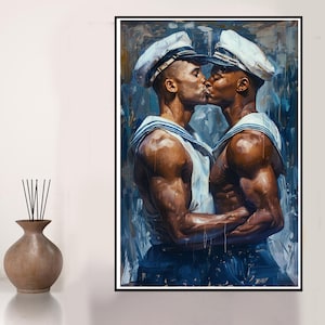 Pintura gay interracial vintage de marineros gays. Póster de pareja gay besándose. Decoración del hogar gay. Pintura vintage masculina gay. Regalos para novios gays.