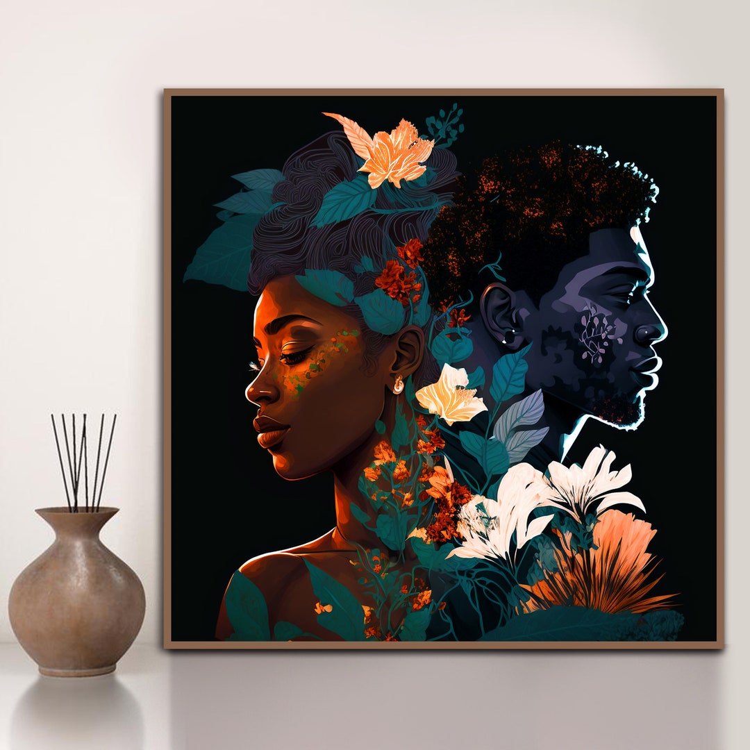 Black Couple Wall Art Floral Poster Valentines Day Gift Black Love Art