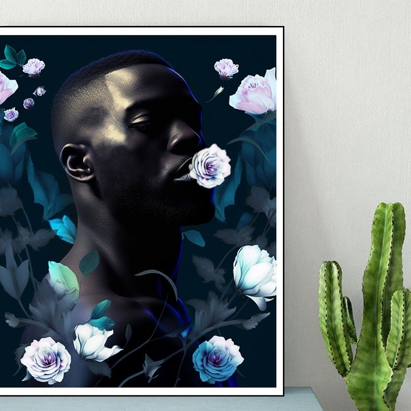 Black man flower art Printable Download African American man wall art Modern Male art floral man fashion print Black art printable Black boy