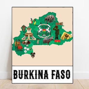Illustrierte Landkarte von Burkina Faso Druckbare Karte von Burkina Faso Moderne Karte Wandbild Druck digitaler download Burkinabe Geschenk Afrika Karte Wanddekor