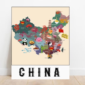 Impression de carte illustrée de la Chine Carte numérique de la Chine Carte imprimable de la salle de classe chinoise Impressions de carte de chambre d'enfant Impressions de carte murale chinoise Décoration de chambre d'enfants