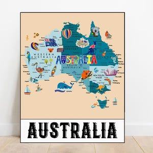 Australien Karte Digitaldruck illustrierte Landkarte von Australien Druckbare Karte Australien Geschenk Kinderzimmer Dekor Kinderzimmer Karte Klassenzimmer Karte