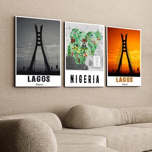 3er Set Nigeria Poster Druck Druckbare Nigeria Wandkunst Nigeria Karte Drucken Lagos Nigeria Fotos Lekki Ikoyi Brücke Nigeria Geschenk digitale Kunst