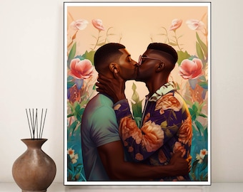 Black Gay Art Canvas Print Black men kissing Gay wall art Kissing Black Queer Art LGBT art print Gay poster Gay pride art Black men flowers