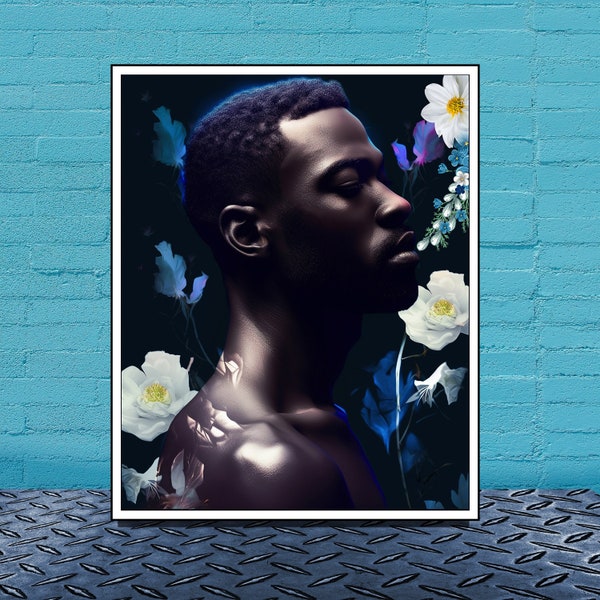 Black man flower art Printable Download African American man wall art Modern Male art floral man fashion print Black art printable Black boy