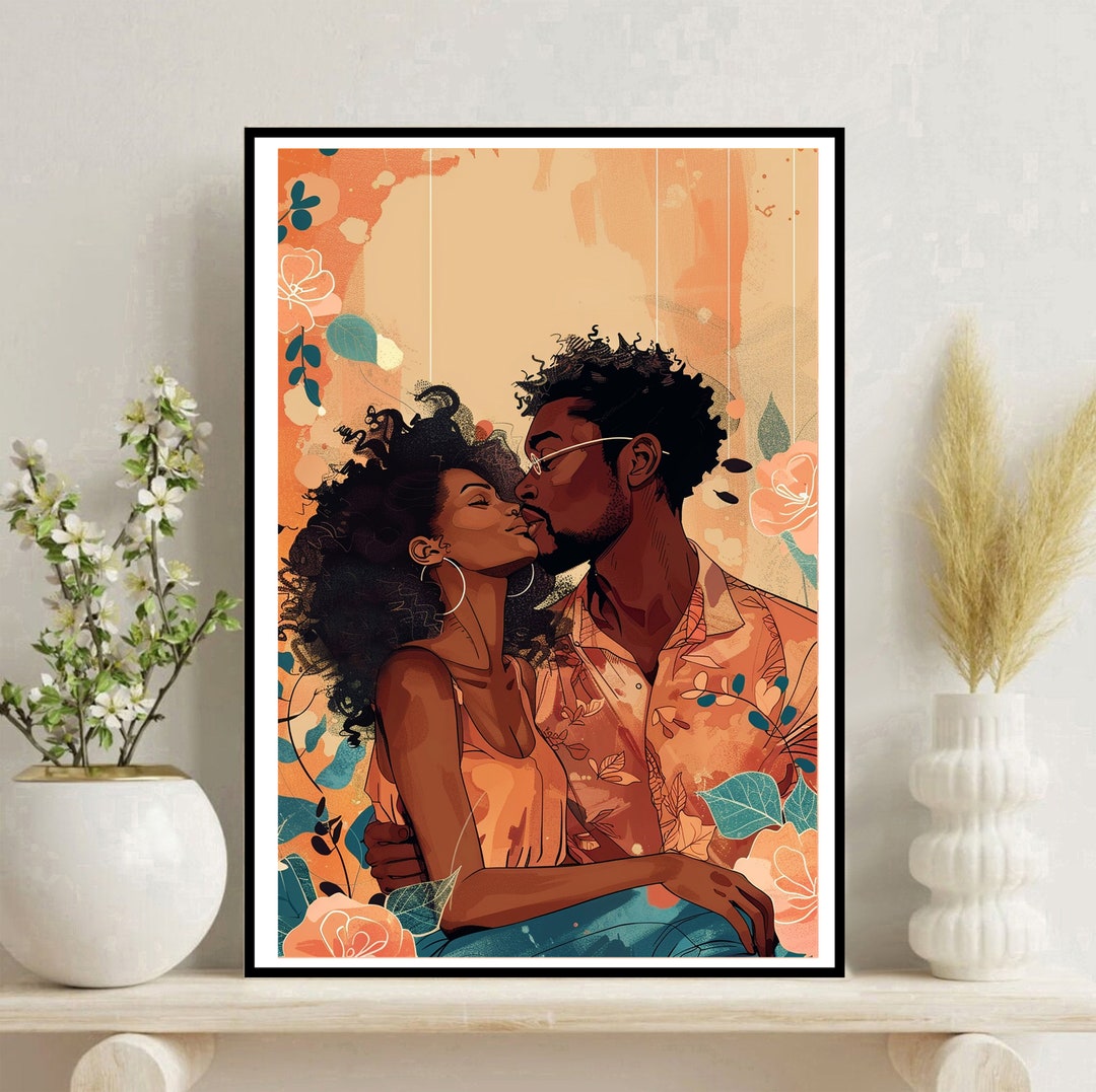 Black Love Wall Art Canvas Poster African American Couple Floral Black