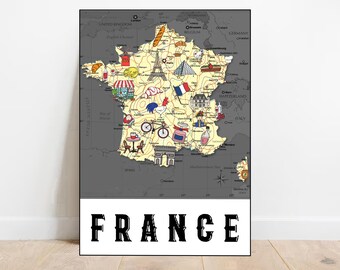 France illustrated map print France map poster Printable Map of France gifts Downloadable map French map Nursery prints kids map room decor