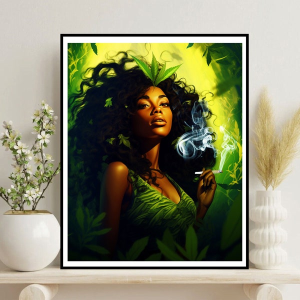 Black Stoner girl gift Printable Black woman smoking poster Cannabis Stoner gifts for boyfriend 420 Pothead poster Botanical weed lover gift