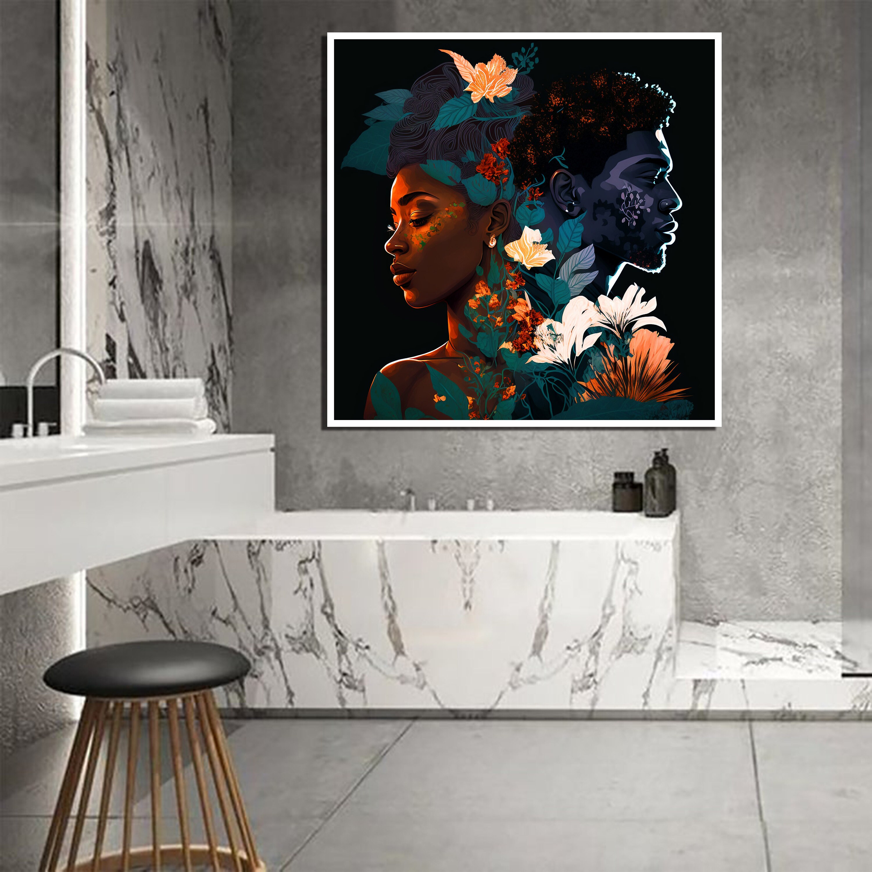 Black Couple Wall Art Floral Poster Valentines Day Gift Black Love Art