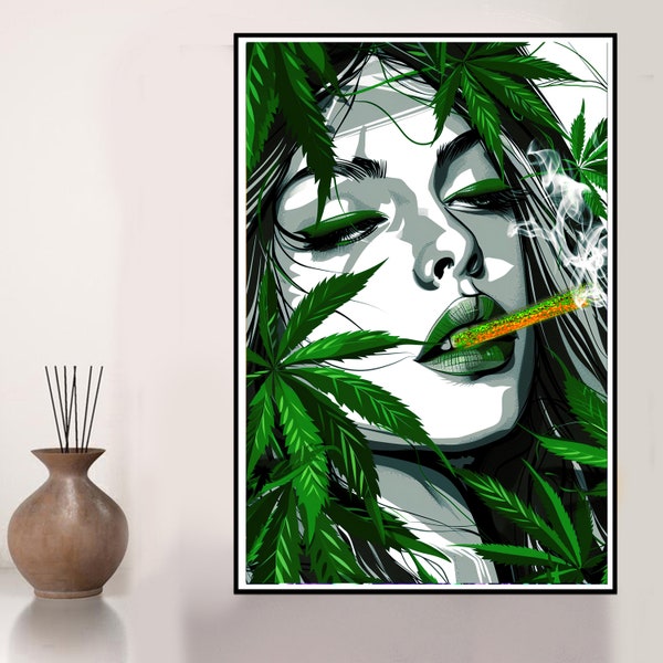 Affiche imprimable 420 de mauvaise herbe de fille de stoner Lady fumeur de joint 420 vintage de décoration d'intérieur de fille de marijuana fumeur de weed 420 cadeaux de stoner pour petite amie