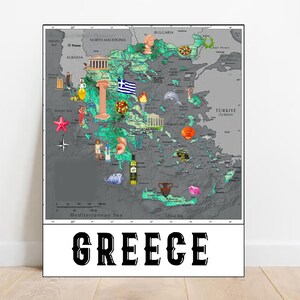 Impresión de mapa de Grecia Descarga digital Mapa ilustrado de Grecia Decoración de guardería imprimible Mapa de Grecia Regalo para casa nueva Decoración de pared con mapa moderno Isla griega
