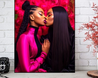 Lesbian Couple kissing Black lesbian art Gay Pride art fashion model Lesbian printable download Black Queer LGBT Printable lesbian art print